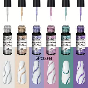 6-delige gel nagellak liner set, afweekbaar met uitharding, vloeibare vorm, alcoholvrij, inclusief fijne detailkwast, zwart, wit en metallic afwerkingen.