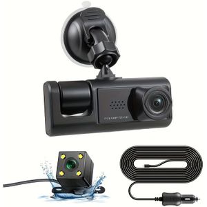 3 Camera Lens Auto DVR, 3-Kanaals Dashcam HD 1080P Voor- En Achteruitkijkende Dubbele Lens Dashcam Parkeerplaats, Infrarood Nachtzicht Afbeelding