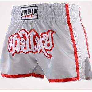 Muay Thai Boksshort met Thaischrift - Rood-Witte Trainingsshorts voor MMA, Kickboksen, Taekwondo - Duurzame Niet-Rekbare Stof, Pasvorm Uniseks Vechtsportkleding voor Mannen, Vrouwen en Tieners