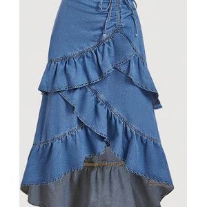 Dames Plus Size High-Waisted Hem Denim Rok - Elegante Uitlopende Midi Jurk met Gelaagde , Niet-Rekbare Gestructureerde Pasvorm
