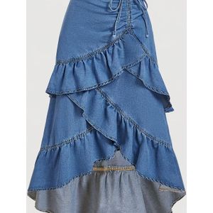 Dames Plus Size High-Waisted Hem Denim Rok - Elegante Uitlopende Midi Jurk met Gelaagde , Niet-Rekbare Gestructureerde Pasvorm