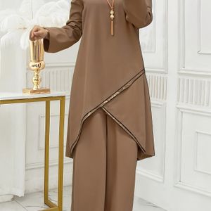 Elegante bruine abaya voor dames met beeldkant-halsband - Lange mouw, wijde broekontwerp, perfect voor formeel gebruik, alle seizoenen, formeel kleding|Elegante abaya|Polyester stof