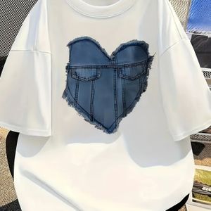 Y2K-geïnspireerde denimhart grafische T-shirt - losse pasvorm, korte mouw, stretchy polyestermix, casual zomertop voor dames en heren, casual zomerse kleding | Y2K-mode | Medium elastische