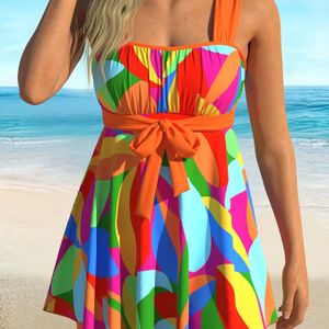 Dames Twee-Delige Tankini Badpak Set, Hoge Stretch Gebreide Stof, Geometrische , Passend, Polyester 82% Elastane 18%, 135/210 g/m², Zomer Strandkleding