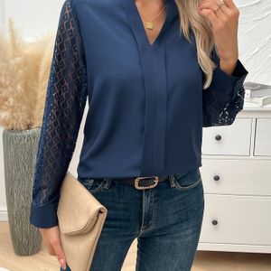 Blouse met kanten split en ingekerfde hals, elegante blouse met lange mouwen voor lente en herfst, dameskleding