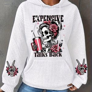 Dames Gothic Skull & Rose Print Hooded Sweatshirt - Roze met & Rode Accent Lettering, Kangaroo Pocket, Lange Mouw Casual Pullover voor Herfst/Winter