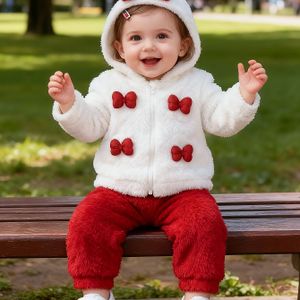 3-delige winterbroekset voor meisjes met lange mouwen bodysuit, rode strik versierde rits-up hoodie + casual elastische taille broek, voor buiten