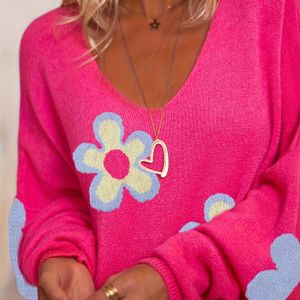 Plus Size V-hals Casual Sweaterjurk met Blauwe Bloemenprint - Lange Mouwen, Elastische Taille Lente/Herfst Jurk, Handwas/Droogreinigen, Herfstkleding, Duurzaam