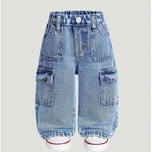 Meisjes Blauwe Denim Cargobroek met Multi-Zak Ontwerp - Elastische Taille & Lange Broek Geschikt voor Casual Buitenspelen, Casual Kleding - Wasmachinebestendige Denim Broek