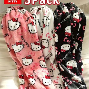 Sanrio Flanellen Pyjama Broek 3 stuks, Dames Verstevigde Warme Slaapkleding voor Herfst en Winter Unisex Najaar/Winter Halloween Kerstfeest Cartoon Loungebroeken