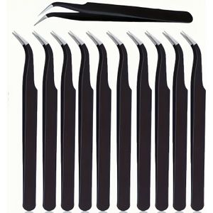 10 stuks zwarte precisiepinzetstangjes van metaal voor hand- en ambachtswerktuigen, puntontwerp voor haarverwijdering en plassen