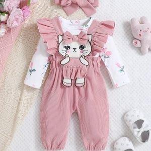 Meisjesset van Stuks met Bloemenprint Jumpsuit + Geborduurde Katoenen Corduroy Overall + Haarband, voor Buiten