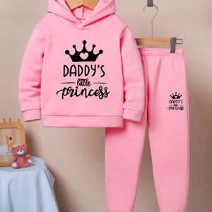 Meisjes 2-delige set, roze kroonpatroon, casual gebreide trui en broek, losse pasvorm, polyester, stretchstof, herfst/winter mode-outfit voor kinderen, voor buiten