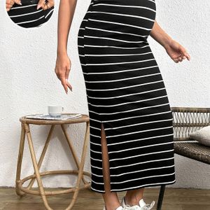 TEMU Rekbare Zwangere Gestreepte Bodycon Rok - Hoge Taille, Zijsplit, Comfortabele Lente/Zomer Casual Kleding voor Zwangere Vrouwen, Zwangerschapszomerkleding