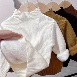 Kindertrui Gezellige Gebreide Trui - Polyester 100% Ronde Hals Pullover met Fluwelen Kraag, Verdikte Basislaag voor Jongens, Herfst/Winter Kleur Thermische Top met Mouwen