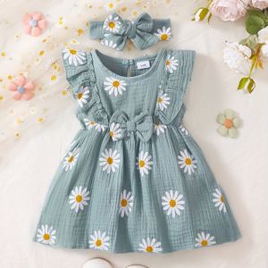 BrownBark 2-delige Meisjes Zomerse Schattige Madeliefje Mouwloze Jurk + Hoofddoek Set, Casual Stijl