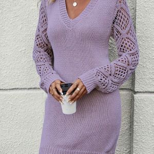 Lange Mouw Gehaakte Gebreide Jurk, Elegante Kleur V-hals Slanke Jurk Voor Herfst & Winter, Dameskleding