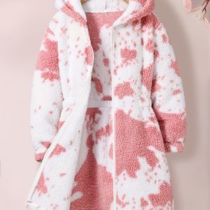 Gezellige Meisjes Roze & Witte Tie-Dye Fleece Hoodie - Casual Lange Mouwen Rits-Up Bovenkleding, Machinewasbaar voor Herfst/Winter, Winterkleding voor Meisjes