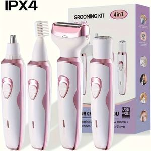 Elektrisch Scheerapparaat voor Vrouwen, 4-in-1 Oplaadbare Verzorgingsset, Elektrische Scheermachine voor Gezicht, , Benen en Oksels, Pijnloze Bikini Trimmer voor Vrouwen, Oplaadbaar & Draagbaar