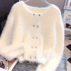 Vrouwen's Elegante Nep-Waterhond Pluche Vest - Dubbele Gesp Voorzijde, Lange Mouw Ronde Hals, Medium Stretch H-Silhouet voor Casual & Formele Kleding, Veelzijdige Mode, Linelyarn Details