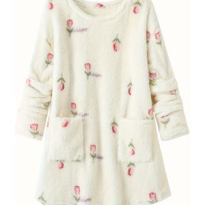 Herfst-Winter Nieuwe Dikke Dubbelzijdige Fleece Zaktop, Herfst/Winter Editie, Pluche Lange Mouwen, Frisse Onregelmatige Bloemenprint Trui voor Binnen en Buiten in Verschillende Gelegenheden