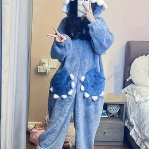 Cartoon Haai Fuzzy Gevoerde Nachtjumpsuit Voor Herfst & Winter, Schattige Lange Mouwen Zip Up Jumpsuit Voor Halloween & Kerstmis, Dames Nachtkleding & Loungewear