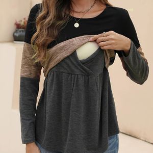 Zwangerschapskleding T-shirt, Polyester 95% Spandex 5% Gebreid, Patchwork Stijl, Ronde Hals, Lange Mouw, , Top