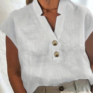 Vrouwen's Losse V-hals Blouse met Knoopdetail aan de Voorkant - Korte Mouwen, Zwart, Casual Zomertop voor Volwassenen, Veelzijdige Mode|V-hals Blouse|Knoopdetail aan de Voorkant, Damesblouses