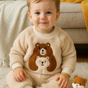 Hibobi Schattige Beer Geborduurde Sweatshirt & Broek Set voor Baby's - Gezellig Polyester, Perfect voor Herfst/Winter, Perfect voor Buiten
