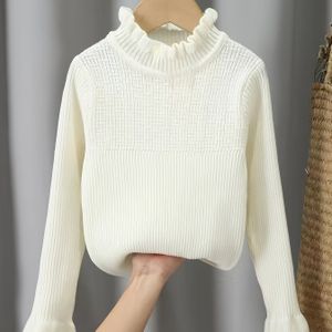 Meisjes' Gezellige Geribbelde Trui met Hals & Pofmouwen - Zachte Rekbare Lange Mouw Top voor Herfst/Winter, Wit Casual Laagje, Winterkleding, Herfst Casual Kleding, Elegante Textuur