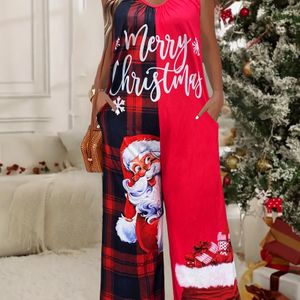 Dames Kerst Jumpsuit met Kerstman Print - Rood & Zwart Geruit Romper met Wijde Pijpen en Zakken, Mouwloze Spaghetti Bandjes Casual Vakantie Outfit voor Herfst/Winter, Kerstkleding