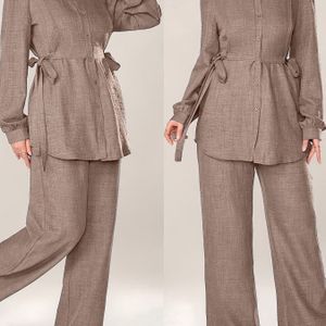 Stijlvolle en Elegante Casual Tweedelige Damesoutfit met Zijknoop Overhemd en Wijdpijpbroek voor Kantoor