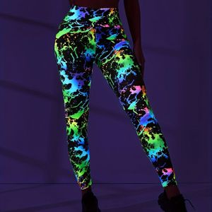 1pc Glow in the Dark Tie Dye Print Yoga Broek, High Stretch Skinny Leggings voor Vrouwen, 90% Polyester 10% Elastanen, Gebreid , Lange Lengte, Party Stijl, Herfst/Winter Essential