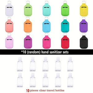 20P'C'S Hand Sanitizer Keychain Overhead Travel Bottle Set, inclusief 10 herbruikbare transparante flessen en 10 rugzak- en portemonnee-houders voor handontsmettingsmiddel.