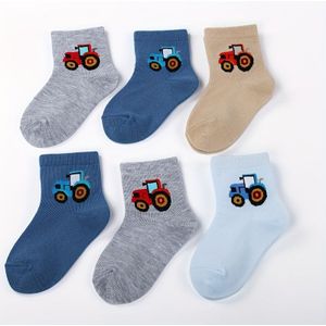 6 Paar Leidisi Jongenssokken met Cartoon Tractormotief - Ademend Zacht Polyester, Enkellengte, Grijs/Beige/Blauw, Alleen Handwas, voor Alle Seizoenen voor Kinderen 1-6 Jaar, Speelse Kindermode