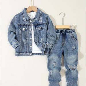 Herfst- en Winterdikke Spijkerstof Casual Jas voor Jongens + Lange Mouwen T-shirt + Stijlvolle Gescheurde Jeans Set van 3 stuks, voor Buiten