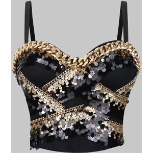 Sexy Zwarte & Gouden Pailletten Korset Top met Kettingdetail - Spaghettibandjes, Rugloos Ontwerp voor Nachtclub, Feest of Optreden, Feestkleding|Strakke Nauwsluitende Top|Pailletten Versieringen
