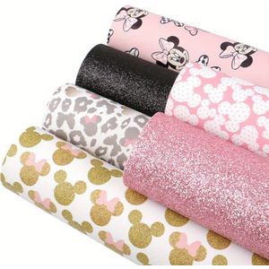 6 stuks Disney & Minnie Mouse Imitatieleer Lakens - 7.87x12.99 Inch Synthetische Stof met Hart & Strik Patronen, Duurzaam PVC voor Oorbellen, Haarstrikken