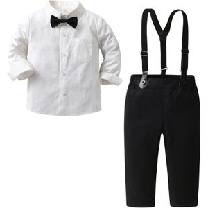 Jongens Gentleman Outfit Lang Mouw Wit Overhemd Met Strikdas & Bretels Broek Set Kleding Voor Dagelijkse & Buitenkleding Slijtage