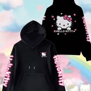 Voor Kitty Figuur damesmode hoodie - Comfortabele fleece pullover met trekkoordhoed, voorkussens en geometrisch ontwerp in zwart & roze voor herfst/winter