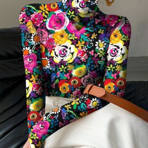 Elegante T-shirt met bloemenprint, hoge hals en lange mouwen voor dames, polyester gebreide stof, sexy stijl, lengte, voor herfst/winter