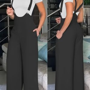 Dames Casual Kleur Jumpsuit met Zakken - Beige Wijde-Leg Overalls met Verstelbare Banden, Comfortabele Wear, Casual Wear Jumpsuit | Wijdeleg Mode | Verstelbare Band Jumpsui