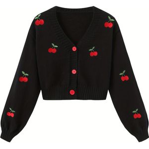 Kawaii Kersen Borduurwerk Lantaarnmouw Crop Cardigan Lange Mouwen Top