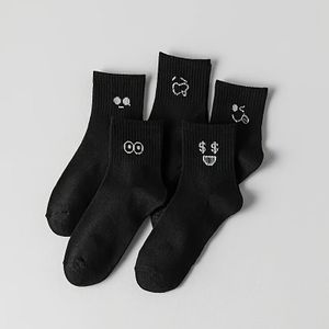 5 paar zwarte sokken met speelse -ontwerpen - Mid-Calf, Polyester, Handwasbaar, Casual Sokken| Sokken|Textuur