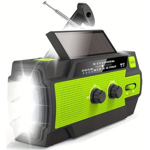 Noodecrank Radio, 4000mAh-Zonne-Energie Draagbare AM/FM Weerradio met Handzweef, 1W Zaklamp & Bewegingssensor Leeslamp voor Thuis en Buiten