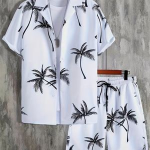 2-piece Coconut Tree Print Men's Summer Leisure Co Ord Set, Men's Short Sleeve Hawaiian Shirt & Drawstring Shorts With Pockets