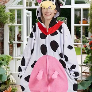 Cartoon Koe Fuzzy Gevoerde Nachtjumpsuit, Schattige Lange Mouwen Zip Up Jumpsuit Voor Herfst & Winter, Dames Nachtkleding & Loungewear