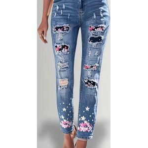 Vrouwen Vintage High-Waisted Gescheurde Denim Jeans - Rekbare Slim-Fit Lange Broek met Kleine Bloemversieringen, Machinewasbare Casual Broeken voor Alle Seizoenen