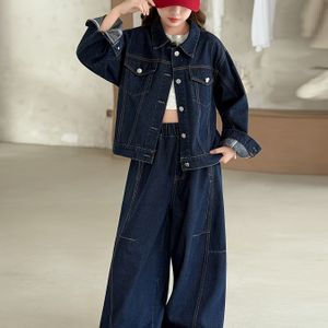 Meisjes Denim Set, Herfst Kinderen Stijlvolle Modieuze Lente/Herfst Koreaanse Tweedelige Outfit voor Oudere