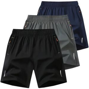 3pcs Men's Athletic Shorts, Breathable Quick-dry Polyester With Zipper Pockets And Drawstring, Solid Style For Running & Workout, Regular Fit